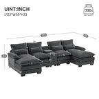 Divano a U 123*55 con Consolle, Portabicchieri e Porte USB, Divano Letto Simmetrico a U Rivestito a 6 Posti con Chaise longue