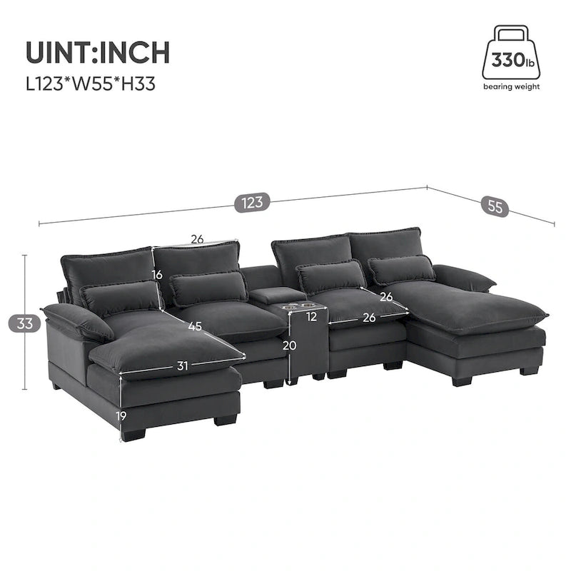 Divano a U 123*55 con Consolle, Portabicchieri e Porte USB, Divano Letto Simmetrico a U Rivestito a 6 Posti con Chaise longue