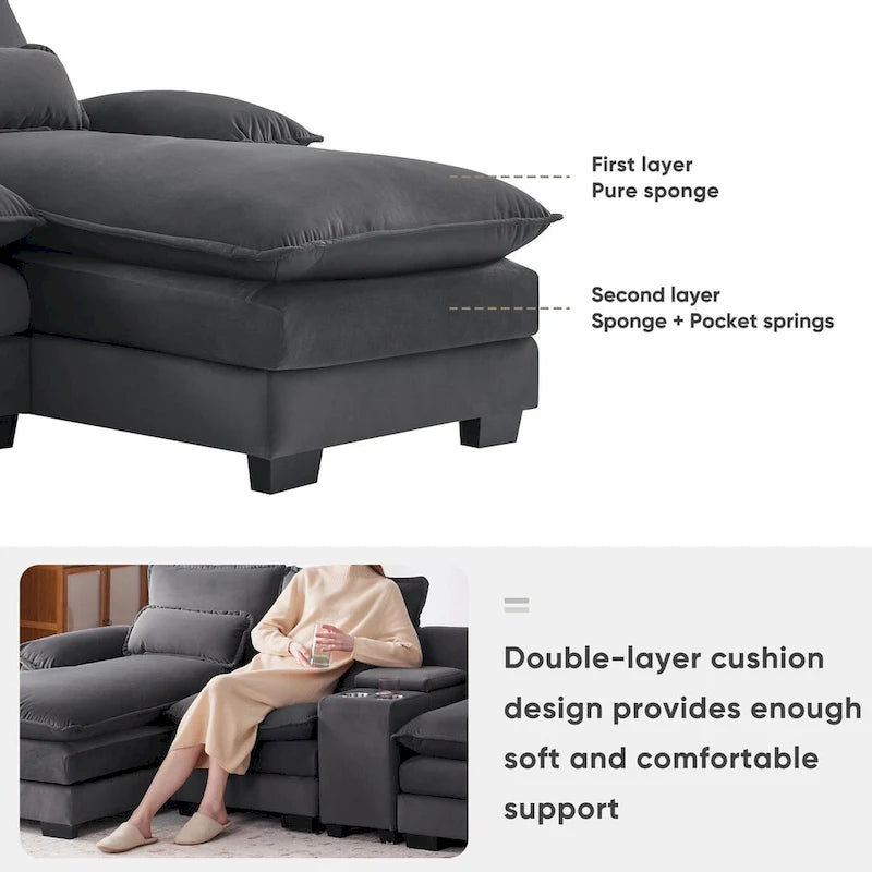 Divano a U 123*55 con Consolle, Portabicchieri e Porte USB, Divano Letto Simmetrico a U Rivestito a 6 Posti con Chaise longue