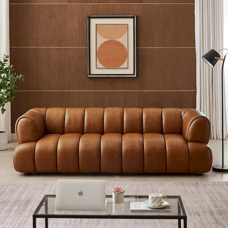 Divano di lusso Mid-Century Modern in pelle color cognac