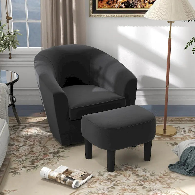 Poltrona girevole con pouf, comoda poltrona a barilotto girevole a 360 gradi in velluto per camera da letto, sala lettura
