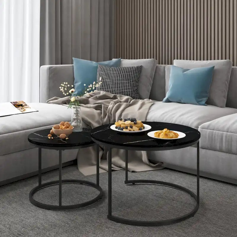 Tavolino da caffè con design salvaspazio, Tavolino rotondo da 70 cm con finitura in legno e robusta struttura in metallo, Tavolino laterale d'appoggio