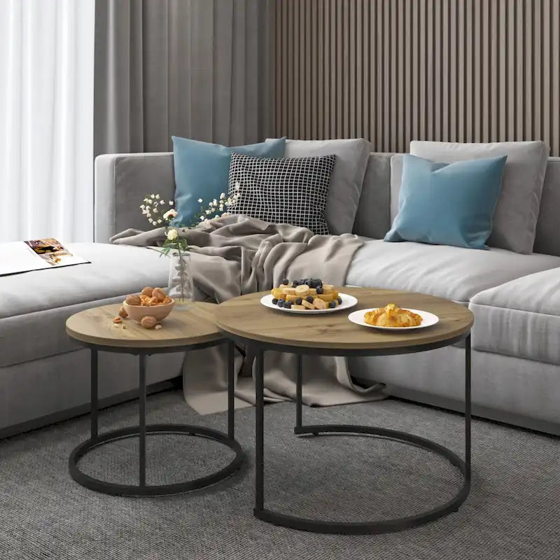 Tavolino da caffè con design salvaspazio, Tavolino rotondo da 70 cm con finitura in legno e robusta struttura in metallo, Tavolino laterale d'appoggio