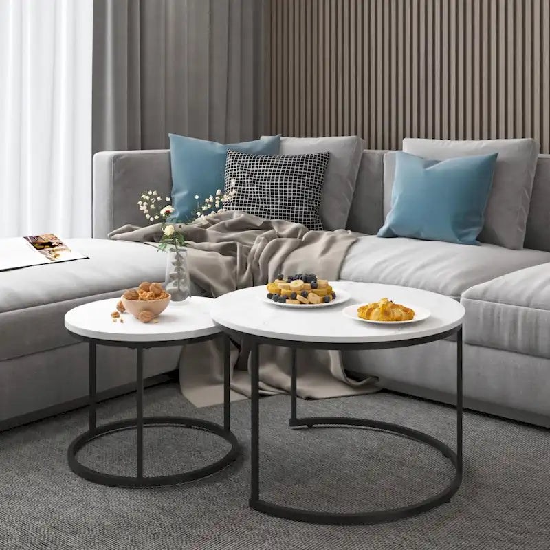 Tavolino da caffè con design salvaspazio, Tavolino rotondo da 70 cm con finitura in legno e robusta struttura in metallo, Tavolino laterale d'appoggio