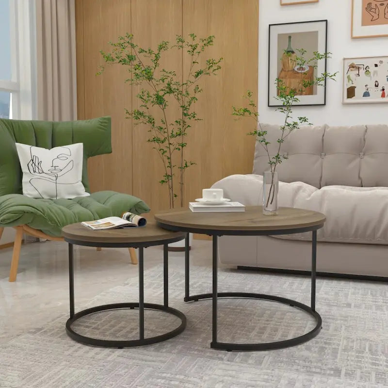 Tavolino da caffè con design salvaspazio, Tavolino rotondo da 70 cm con finitura in legno e robusta struttura in metallo, Tavolino laterale d'appoggio