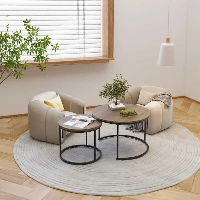 Tavolino da caffè con design salvaspazio, Tavolino rotondo da 70 cm con finitura in legno e robusta struttura in metallo, Tavolino laterale d'appoggio
