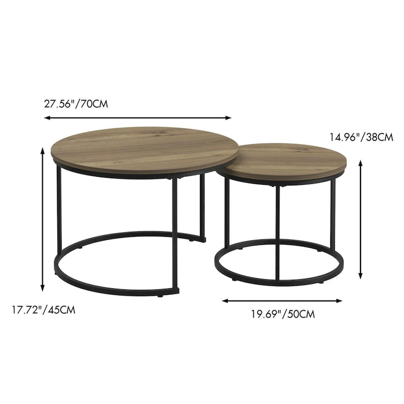 Tavolino da caffè con design salvaspazio, Tavolino rotondo da 70 cm con finitura in legno e robusta struttura in metallo, Tavolino laterale d'appoggio