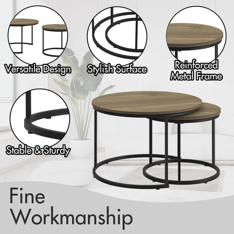 Tavolino da caffè con design salvaspazio, Tavolino rotondo da 70 cm con finitura in legno e robusta struttura in metallo, Tavolino laterale d'appoggio