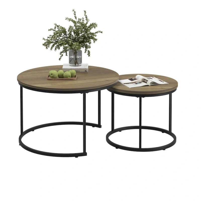 Tavolino da caffè con design salvaspazio, Tavolino rotondo da 70 cm con finitura in legno e robusta struttura in metallo, Tavolino laterale d'appoggio