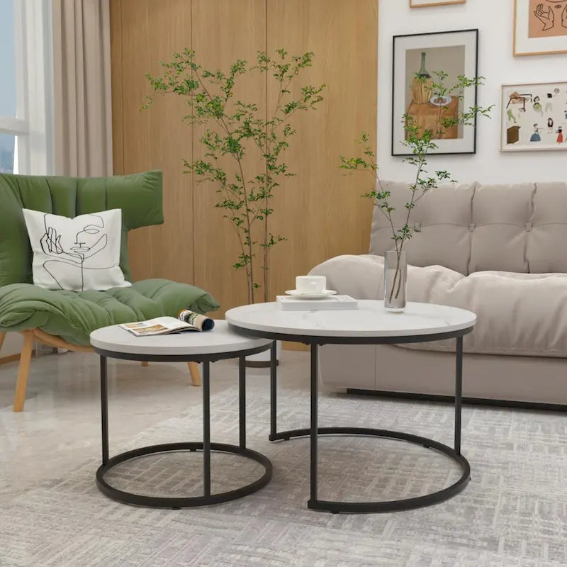 Tavolino da caffè con design salvaspazio, Tavolino rotondo da 70 cm con finitura in legno e robusta struttura in metallo, Tavolino laterale d'appoggio