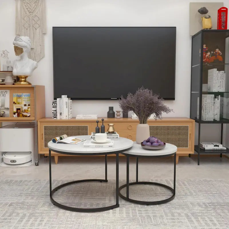 Tavolino da caffè con design salvaspazio, Tavolino rotondo da 70 cm con finitura in legno e robusta struttura in metallo, Tavolino laterale d'appoggio