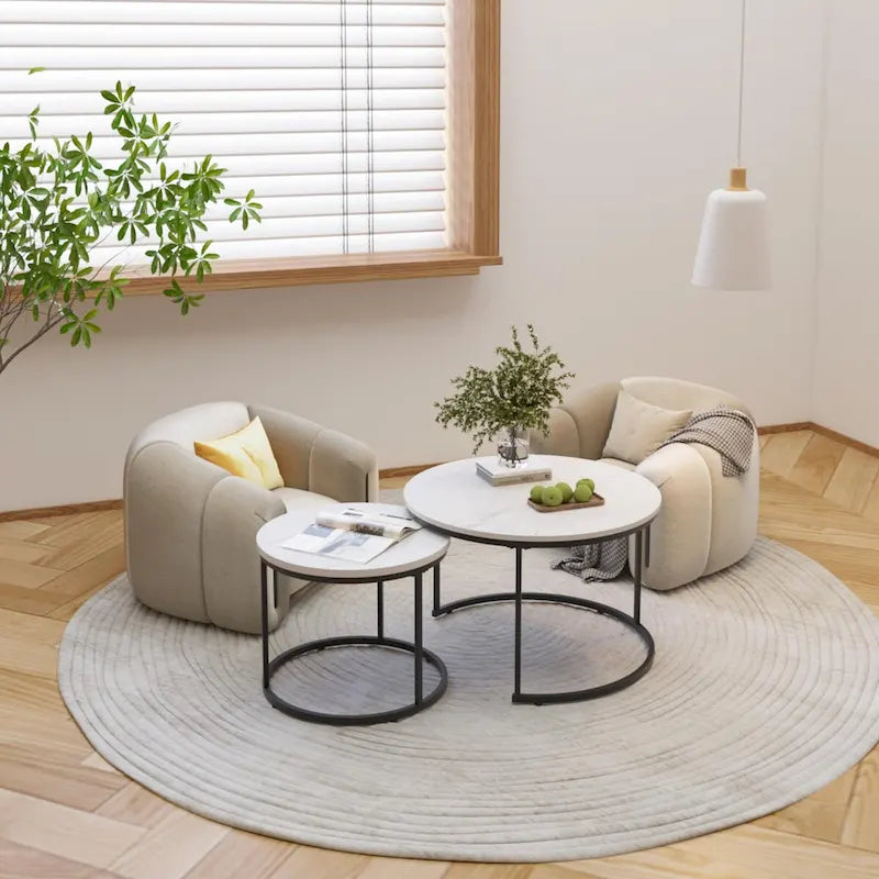 Tavolino da caffè con design salvaspazio, Tavolino rotondo da 70 cm con finitura in legno e robusta struttura in metallo, Tavolino laterale d'appoggio