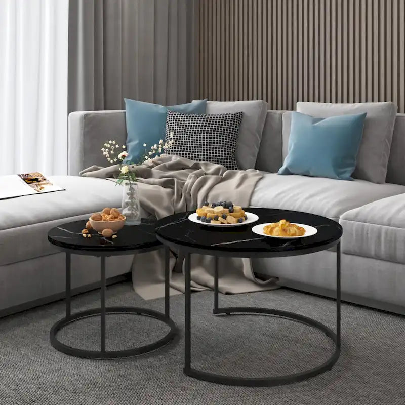 Tavolino da caffè con design salvaspazio, Tavolino rotondo da 70 cm con finitura in legno e robusta struttura in metallo, Tavolino laterale d'appoggio