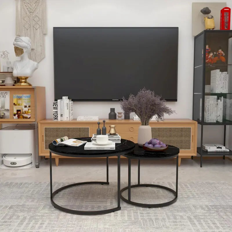 Tavolino da caffè con design salvaspazio, Tavolino rotondo da 70 cm con finitura in legno e robusta struttura in metallo, Tavolino laterale d'appoggio