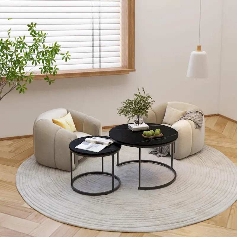 Tavolino da caffè con design salvaspazio, Tavolino rotondo da 70 cm con finitura in legno e robusta struttura in metallo, Tavolino laterale d'appoggio