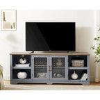 Mobile porta TV moderno, Ampia consolle per l'home entertainment, per TV fino a 80 pollici, con ripiani aperti e armadietti con anta in vetro