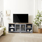 Mobile porta TV moderno, Ampia consolle per l'home entertainment, per TV fino a 80 pollici, con ripiani aperti e armadietti con anta in vetro