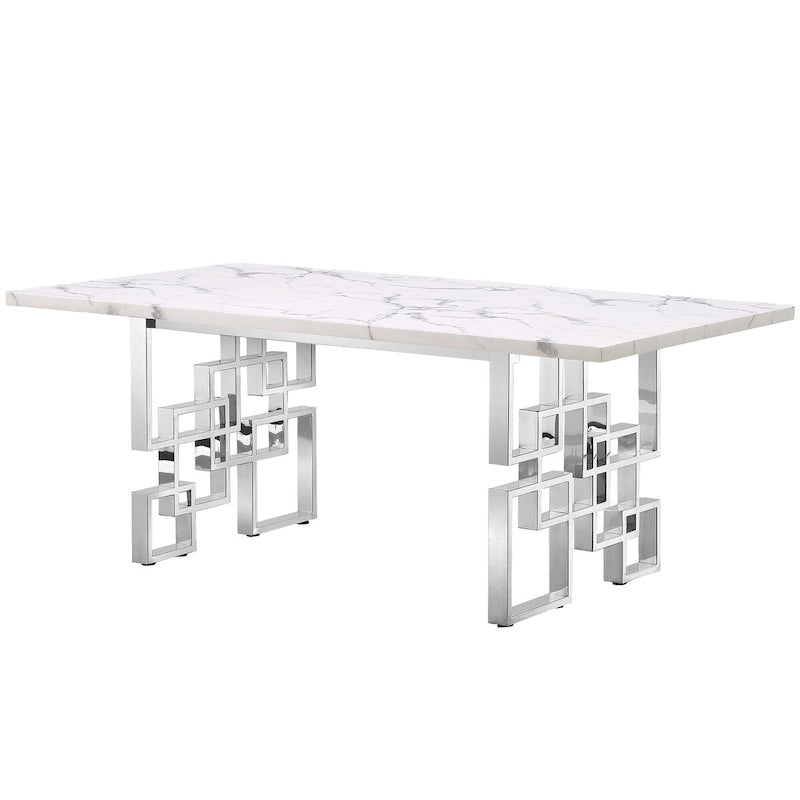 Tavolo da pranzo di lusso in finto marmo bianco con piano da 78 pollici e base in metallo