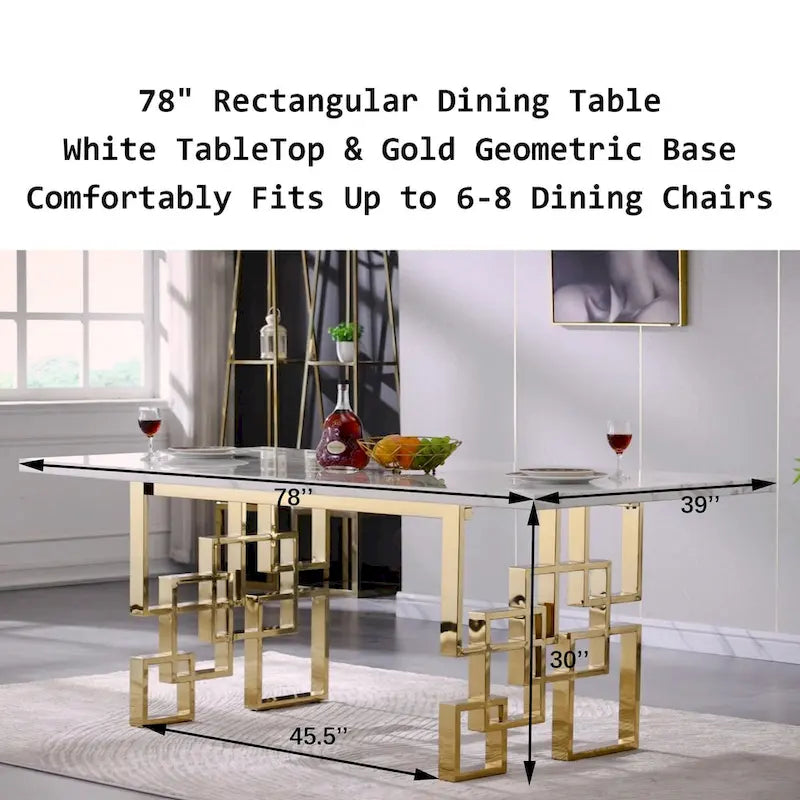 Tavolo da pranzo di lusso in finto marmo bianco con piano da 78 pollici e base in metallo