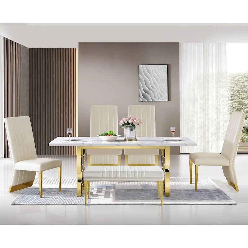 Tavolo da pranzo di lusso in finto marmo bianco con piano da 78 pollici e base in metallo