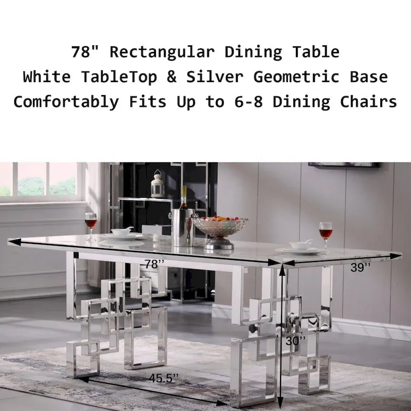 Tavolo da pranzo di lusso in finto marmo bianco con piano da 78 pollici e base in metallo