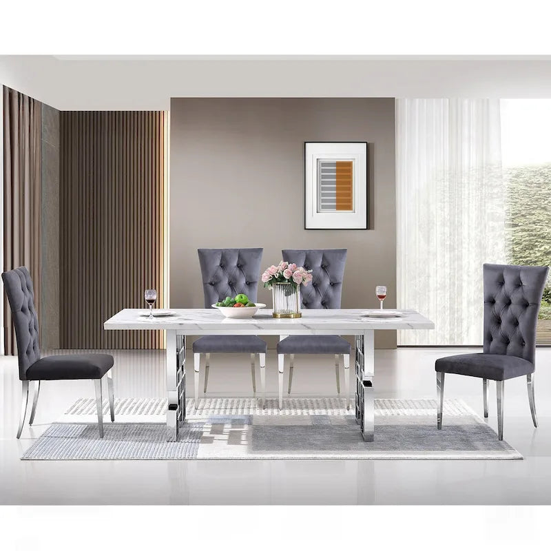 Tavolo da pranzo di lusso in finto marmo bianco con piano da 78 pollici e base in metallo