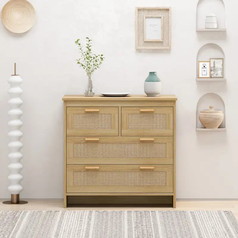Comodino in Rattan a 4 Cassetti