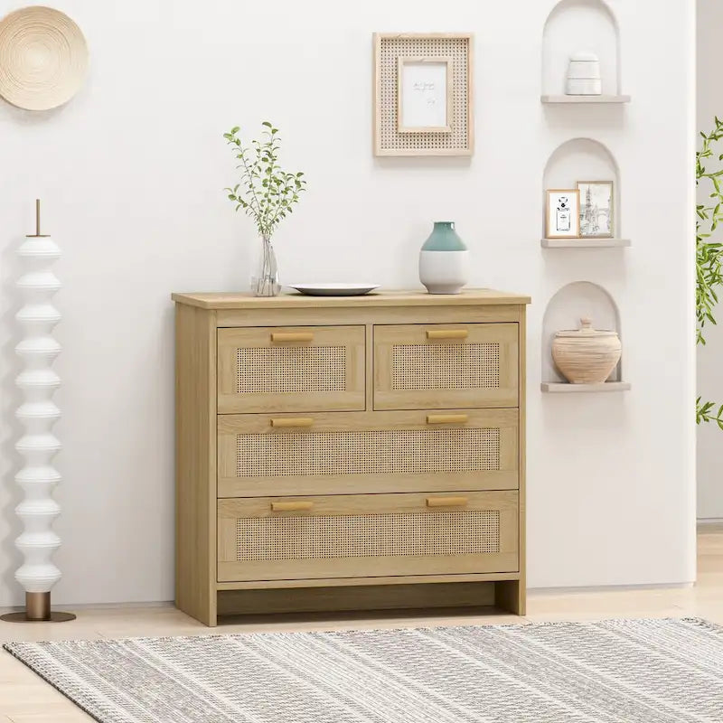 Comodino in Rattan a 4 Cassetti