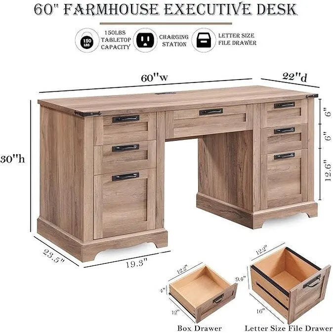 Scrivania direzionale da 60 pollici in stile rustico, scrivania per ufficio domestico in legno, scrivania per computer