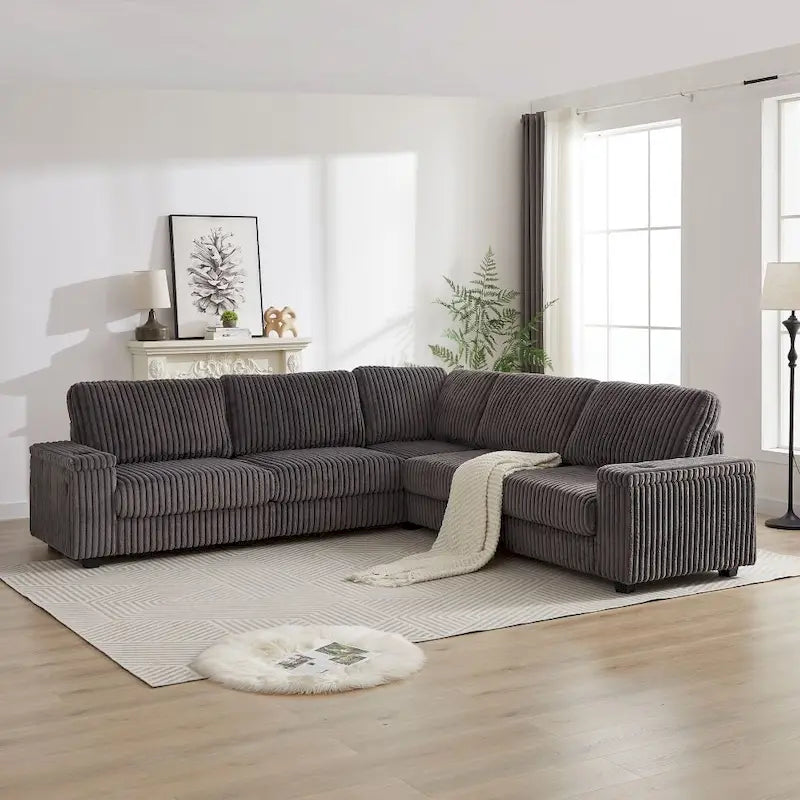 Divano angolare a L in velluto a coste oversize da 110 pollici con due vani portaoggetti, porta USB, porta Type-C e porta bicchieri