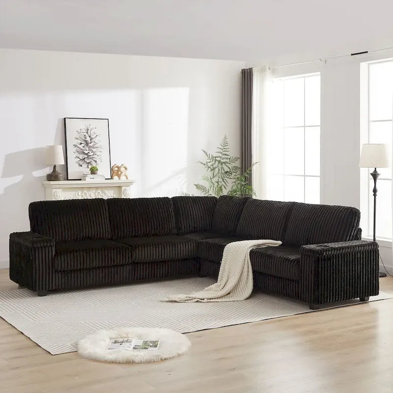 Divano angolare a L in velluto a coste oversize da 110 pollici con due vani portaoggetti, porta USB, porta Type-C e porta bicchieri