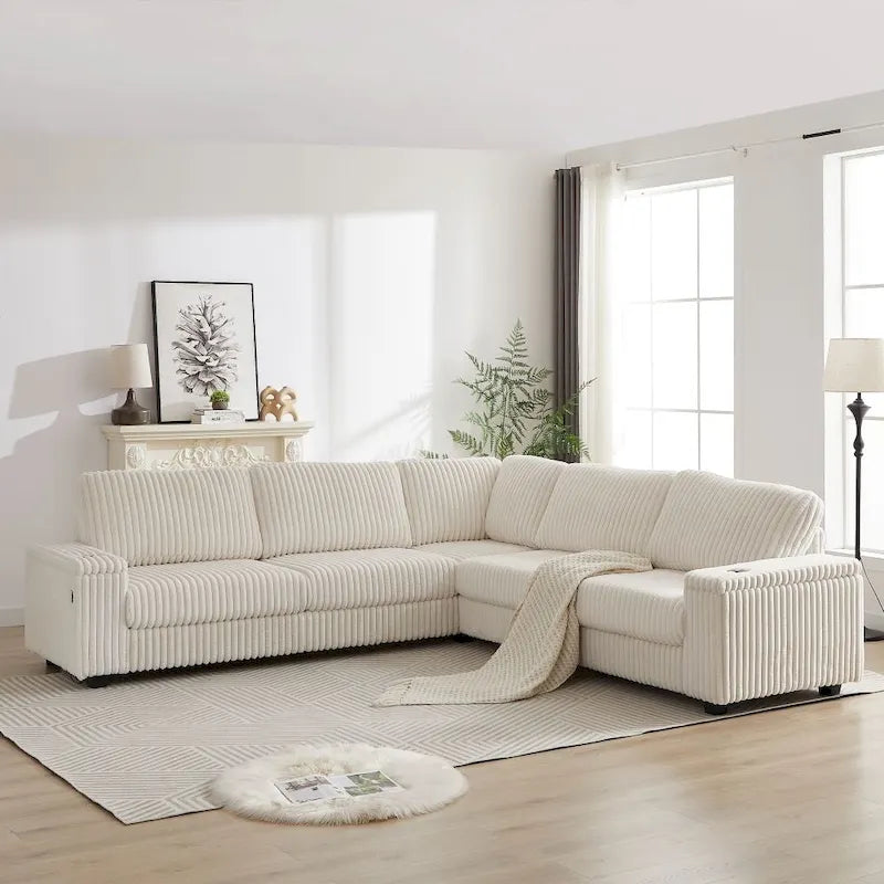 Divano angolare a L in velluto a coste oversize da 110 pollici con due vani portaoggetti, porta USB, porta Type-C e porta bicchieri