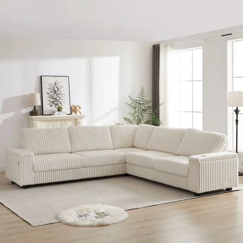 Divano angolare a L in velluto a coste oversize da 110 pollici con due vani portaoggetti, porta USB, porta Type-C e porta bicchieri